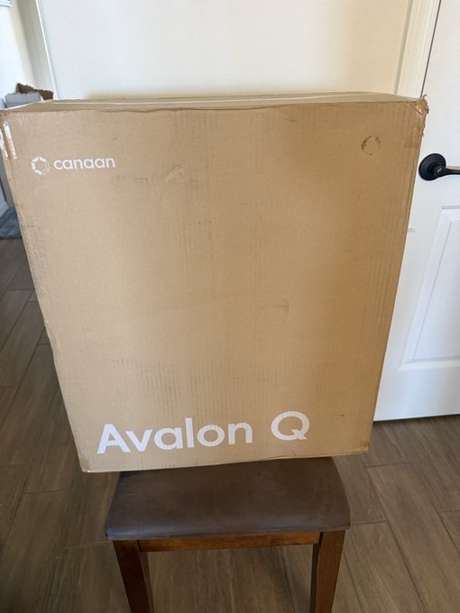 A large cardboard box labeled "Canaan" and "Avalon Q" rests on a brown leather stool, showing off the new Bitcoin mining hardware gifted from SoloSatoshi to PrescottHodl. The Avalon Q is an ASIC miner that earns sats by contributing hash power to solo mining pools, making it a literal gift that "stacks sats while it sits there."