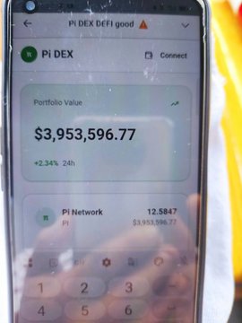 A smartphone displays the Pi DEX DeFi platform showing a portfolio value of $3,953,596.77 (+2.34% in 24h) holding 12,5847 Pi Network worth $3,953,596.77, illustrating the post's claim that even 100 Pi tokens could yield life-changing wealth.