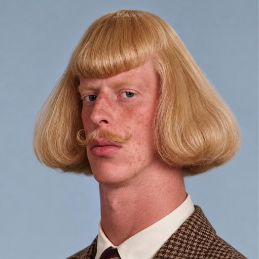 A man with a distinctive bowl haircut and curled handlebar mustache poses against a blue background, wearing a tweed jacket over a white shirt—styling reminiscent of a quirky, retro-looking character. The image appears unrelated to the accompanying post, which discusses a cryptocurrency trading update and contains a Solana contract address.