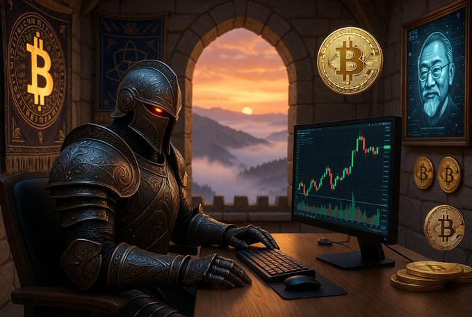An AI-generated image of an armored knight with red glowing eyes sitting at a computer showing a Bitcoin trading chart, surrounded by Bitcoin symbols and a portrait of a bearded man.