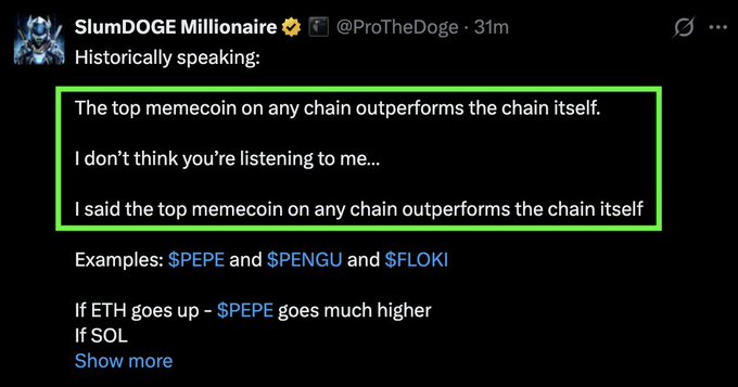 A tweet from SlumDOGE Millionaire (@ProTheDoge) with a green-boxed highlight arguing that "the top memecoin on any chain outperforms the chain itself," citing $PEPE, $PENGU, and $FLOKI as examples—reinforcing his claim that $DOG, as Bitcoin's top memecoin, will outperform BTC.