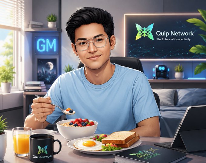 A digital illustration depicts a young man with glasses in a light blue t-shirt sitting at a table with breakfast (fruit bowl, fried egg, toast) and a black "Quip Network" mug, with the "Quip Network - The Future of Connectivity" logo displayed on a screen behind him and a "GM" neon sign nearby.