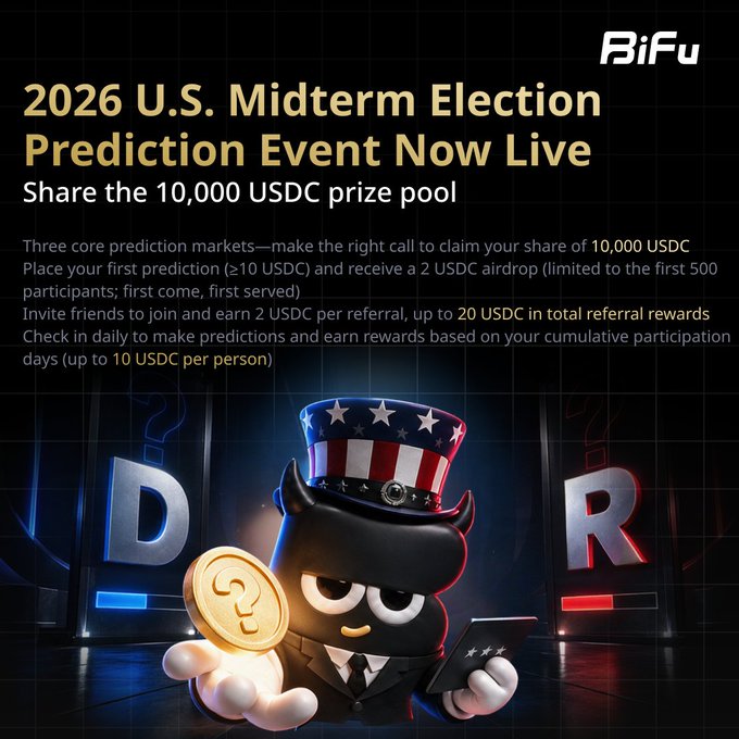 A BiFu promotion announces the “2026 U.S. Midterm Election Prediction Event Now Live” and a “10,000 USDC prize pool,” with text about predictions, a 2 USDC airdrop, referrals, and daily rewards; a cartoon figure stands between “D” and “R” symbols.