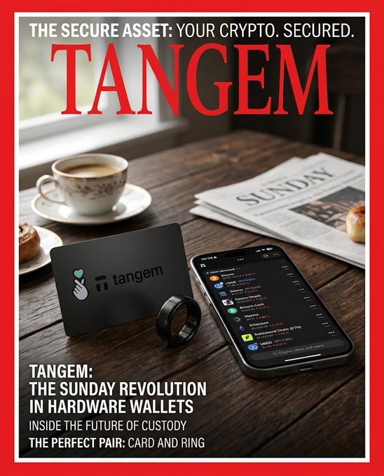 Magazine-style advertisement for 'TANGEM' crypto hardware wallet featuring a card and ring, with text reading 'THE SECURE ASSET: YOUR CRYPTO. SECURED.' and 'TANGEM: THE SUNDAY REVOLUTION IN HARDWARE WALLETS'.