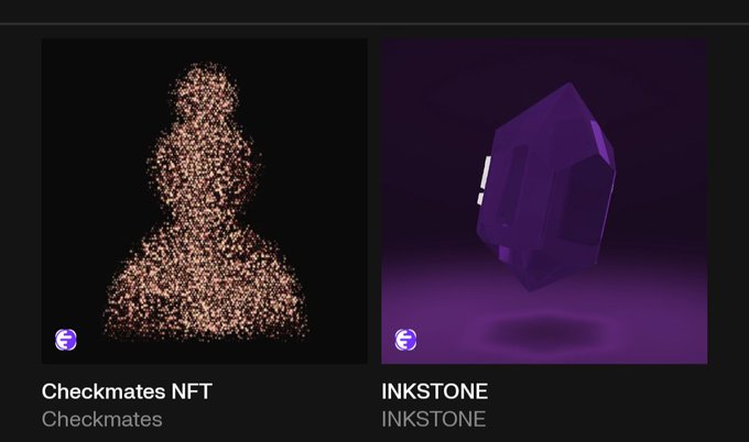 A digital NFT collection display showing two items: 'Checkmates NFT' featuring a chess piece made of particles, and 'INKSTONE' showing a purple crystalline stone, both with Ethereum icons.