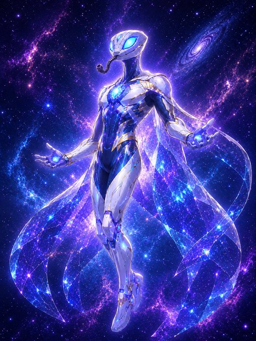A stylized fantasy illustration of a tall, metallic humanoid alien figure with glowing blue eyes standing against a vibrant purple and blue cosmic galaxy background.
