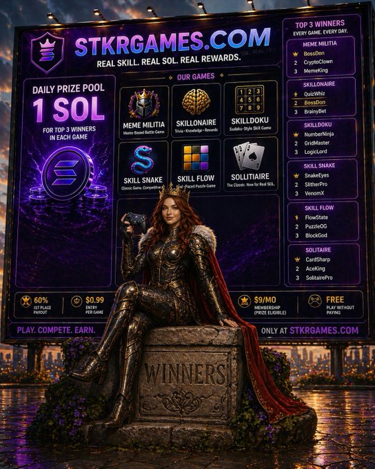 The image features a woman dressed as a queen, sitting atop a stone statue with her arms raised high. The scene takes place in front of a billboard advertising a gaming event called "Good Night Legends Fridays" at StkrGames.com. The woman is wearing a crown and holding a sword, which suggests that she might be participating in or promoting the gaming event. The post also mentions that there are prizes available for those who play the games, indicating that it could be an online gaming competition or tournament.