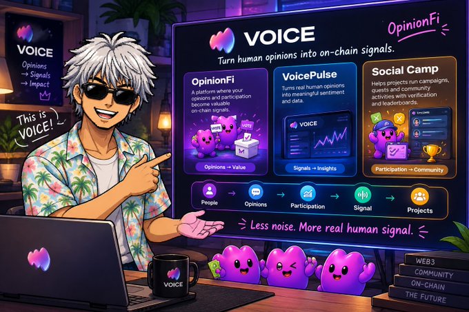An anime-style illustration of a man with silver hair and sunglasses pointing to a screen displaying "VOiCE" with sections for "OpinionFi," "VoicePulse," and "Social Camp," along with the tagline "Less noise. More real human signal."