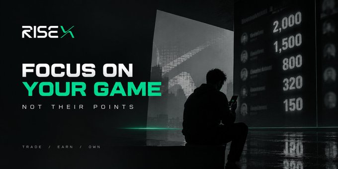 A promotional banner for RISEX with the tagline 'FOCUS ON YOUR GAME NOT THEIR POINTS' alongside 'TRADE / EARN / OWN', showing a silhouetted figure looking at a phone with a points leaderboard in the background.