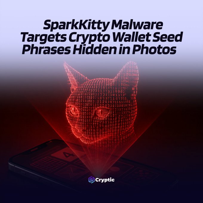 The image depicts a stylized, binary cat head projecting from a smartphone, illustrating the "SparkKitty Malware" that targets crypto wallet seed phrases hidden in photos. The accompanying text and image visually represent the threat of this new malware strain to crypto holders' sensitive information.