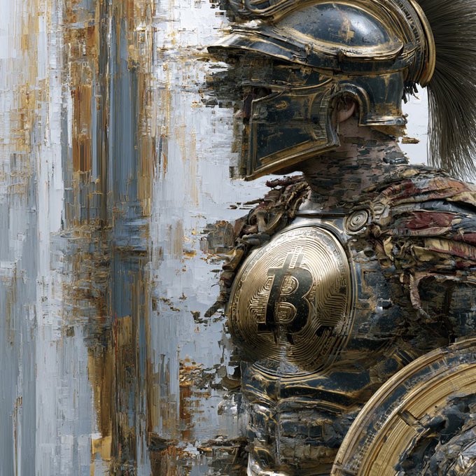 A digital artwork features a Roman-style gladiator in ornate gold armor holding a shield adorned with the Bitcoin logo, with a glitch-like visual effect.
