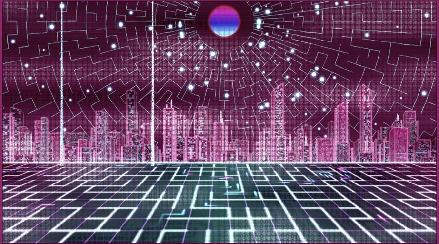 A retro-style synthwave cityscape with a pink and purple sky, geometric star patterns, a glowing moon, and a neon grid floor leading toward a distant skyline.
