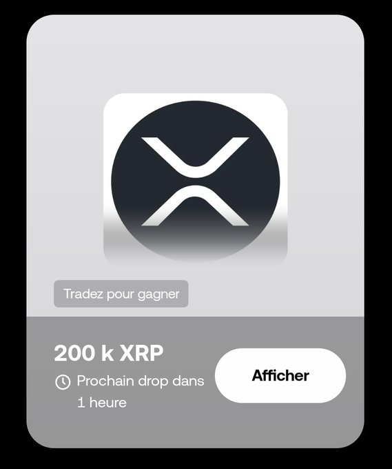 This image shows a promotional card for an XRP airdrop on OKX, featuring the XRP logo and the text "200k XRP" with "Prochain drop dans 1 heure." The card directly illustrates the XRP airdrop mentioned in the accompanying post.
