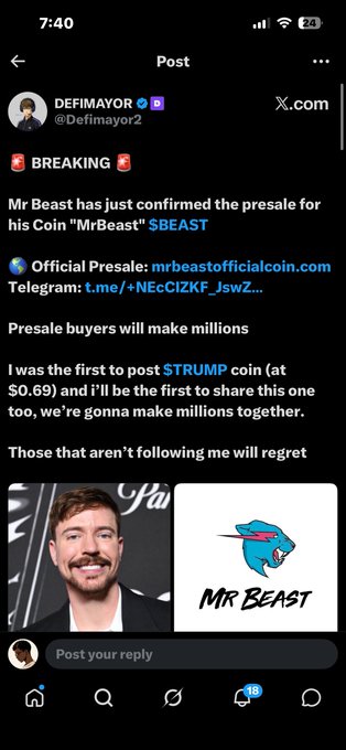 A screenshot of a X post by @Defimayor2 advertising a fake "$BEAST" MrBeast crypto presale at "mrbeastofficialcoin.com," claiming early buyers will "make millions" by capitalizing on his previous $TRUMP post. The image illustrates the exact type of scam the accompanying post warns about, with Defimayor2's "BREAKING" announcement falsely attributing the coin to MrBeast to lure followers into buying.