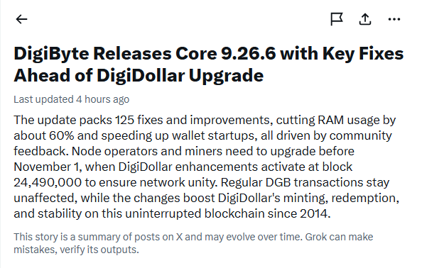 A news article titled "DigiByte Releases Core 9.26.6 with Key Fixes Ahead of DigiDollar Upgrade," detailing 125 fixes and improvements, reduced RAM usage, and a November 1 deadline for the DigiDollar upgrade.