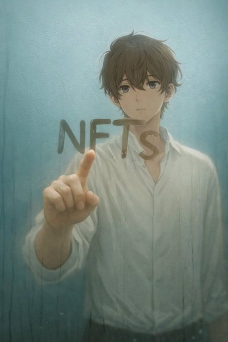 An anime-style illustration of a young man with brown hair in a white shirt pressing his finger against glass, with the letters 'NFTS' written on the surface.