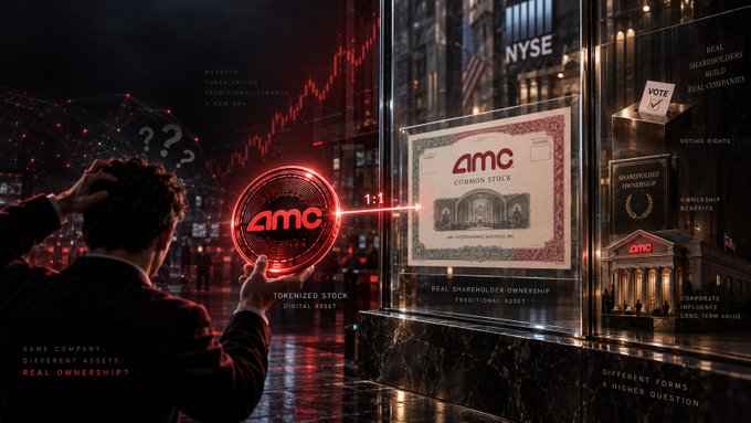 A dramatic digital illustration showing a shadowy figure holding a glowing red 'amc TOKENIZED STOCK' digital asset that points toward a traditional 'amc COMMON STOCK' share certificate displayed on the NYSE building.
