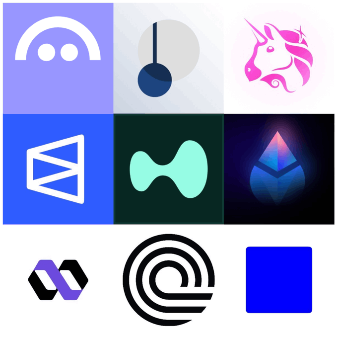 The image features a grid of nine different logos, each representing a unique company or concept related to web3 finance. The logos include a unicorn, a heart, a globe, a triangle, a circle, an arrow pointing upwards, a square, a blue circle with a white line through it, and a blue square with a white line through it. These logos are arranged in a grid format on the image, showcasing various aspects of web3 finance such as lending, yielding, staking, swapping, agentic trading, RWA-related products, and predicting. The colors used for these logos vary from purple to green, black, blue, and white, adding visual interest to the overall composition.