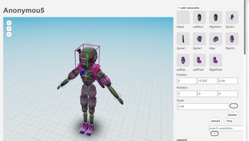 A 3D animation software interface displays a character named 'Anonymou5' with options to edit facial features and appearance parameters like age and rotation.