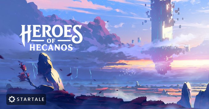 Promotional artwork for the game 'HEROES OF HECANOS' by STARTALE, depicting a fantasy landscape with a floating castle, dramatic clouds, and rocky terrain at sunset.