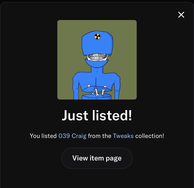 A digital notification screen showing 'Just listed!' confirming 'You listed 039 Craig from the Tweaks collection!' above a 'View item page' button, featuring a blue cartoon character.