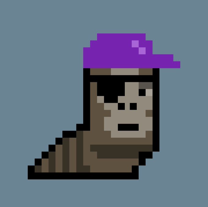 A pixel art character portrait of a bearded figure wearing a purple cap against a gray-blue background.