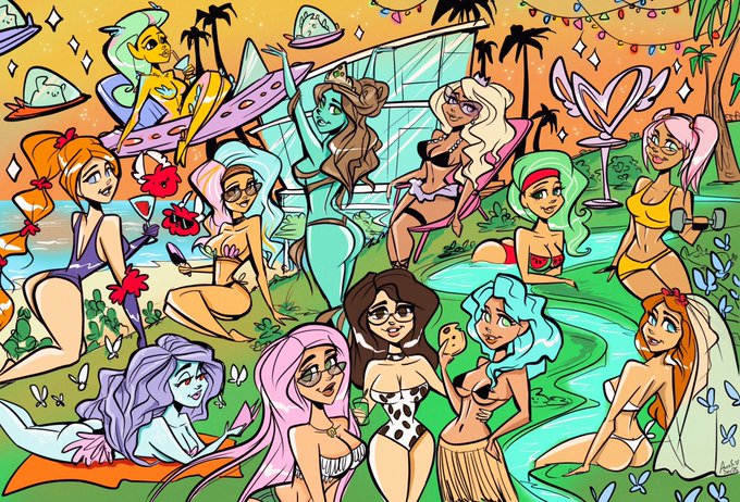 A colorful cartoon illustration depicting various stylized female characters in swimwear enjoying a tropical pool party with surfboards, drinks, and palm trees.
