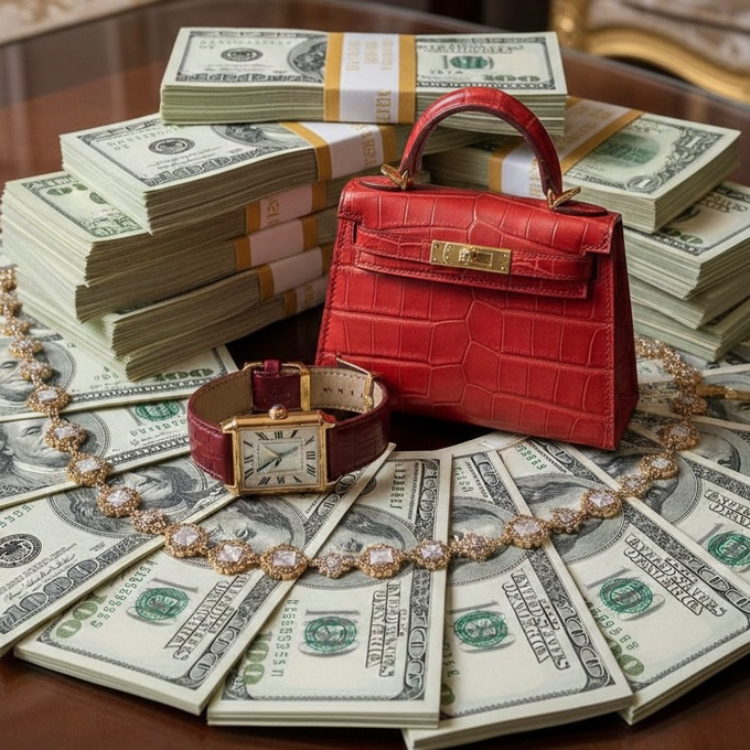 A red crocodile-pattern handbag, a red leather watch, and a diamond necklace are arranged on top of several stacks and fanned-out bundles of US hundred-dollar bills.