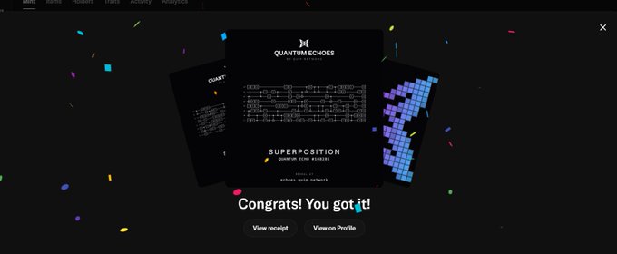A webpage from Quantum Echoes displays a receipt confirmation reading "Congrats! You got it!" with options to "View receipt" and "View on Profile", set against a dark background with confetti.