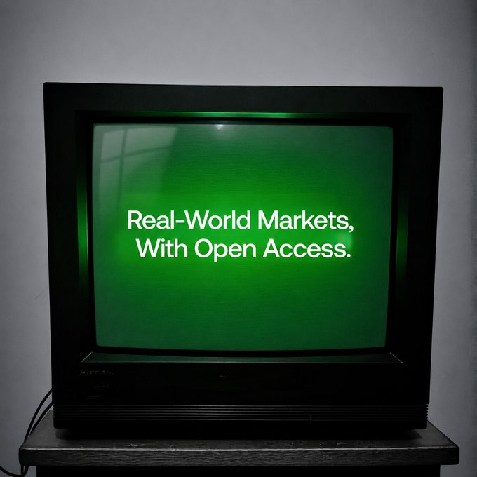 A vintage CRT television displays the text "Real-World Markets, With Open Access." against a green screen, visually echoing the post's message about bringing traditional equity trading into the modern, on-chain wallet era through tokenized stocks available 24/7.