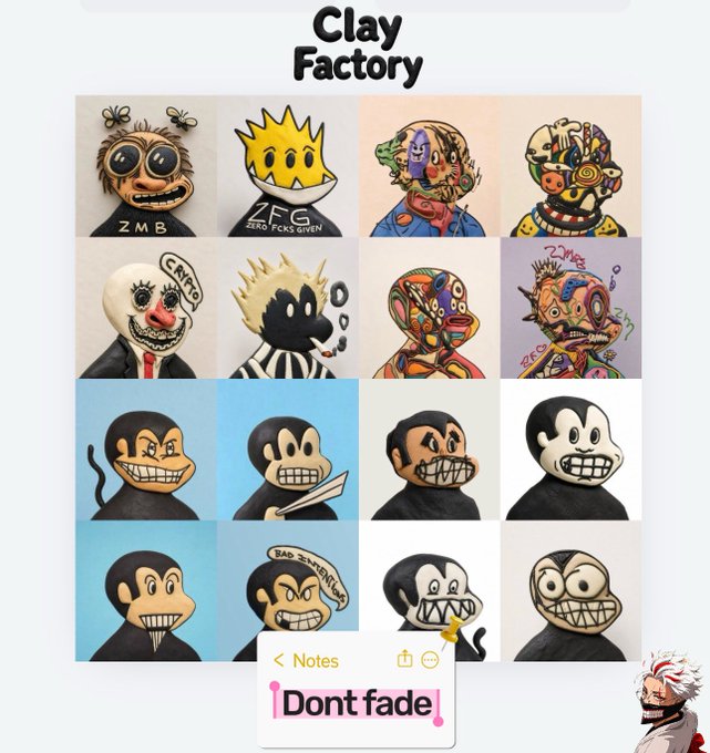 A digital illustration grid titled "Clay Factory" showcasing a collection of quirky, handcrafted clay character sculptures with various exaggerated facial expressions and designs, featuring a note that reads "Don't fade."