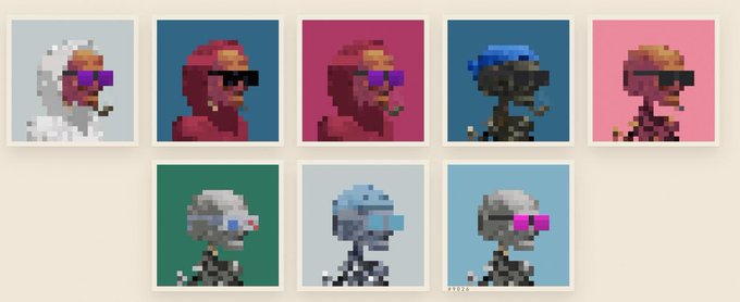 A collection of seven pixel art portraits of stylized figures wearing sunglasses against various solid color backgrounds.