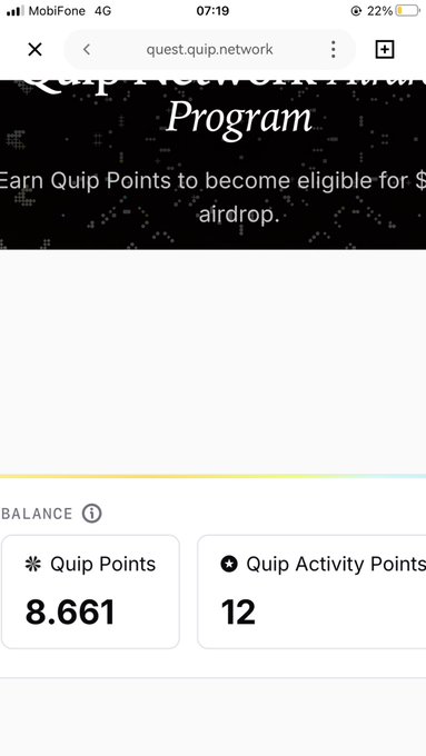 A mobile screenshot of the quest.quip.network page showing an Airdrop Program with a balance of 8.661 Quip Points and 12 Quip Activity Points.