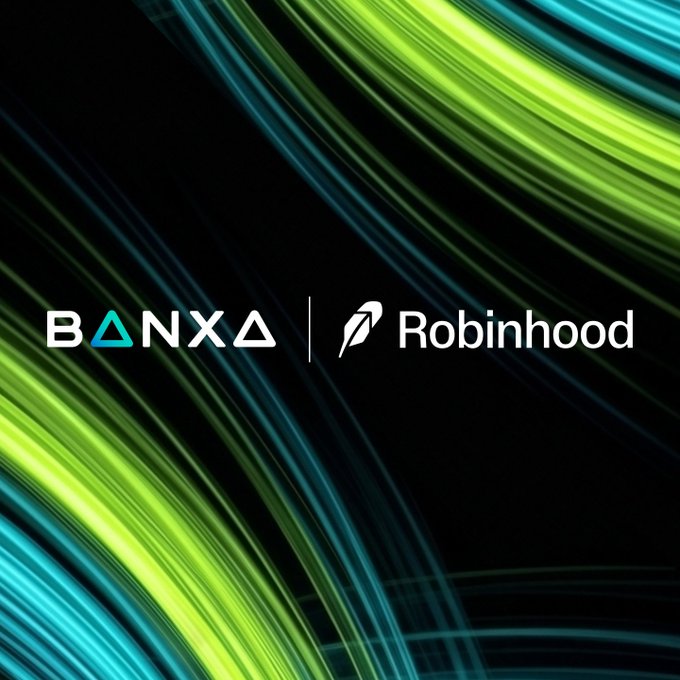 A partnership banner displaying the logos for 'BANXA' and 'Robinhood' over a dynamic background of green and blue light streaks.