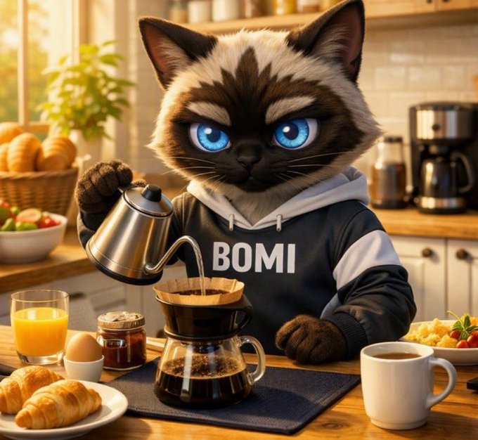 A stylized digital illustration of a Siamese cat character with striking blue eyes, wearing a black and white hoodie labeled 'BOMI', pouring water from a gooseneck kettle into a pour-over coffee maker on a breakfast table.