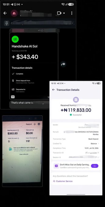 Three mobile screenshots displaying transaction details for received funds, including amounts of +$343.40, +₦119,833.00, and +$363.80.