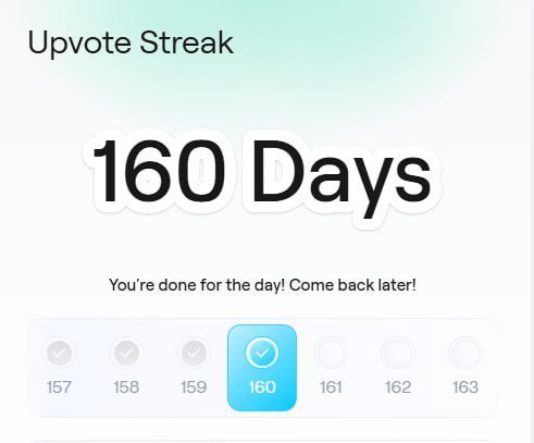 A screenshot of an app interface titled 'Upvote Streak' displays '160 Days' prominently, with the message 'You're done for the day! Come back later!' and a row of day numbers 157–163.