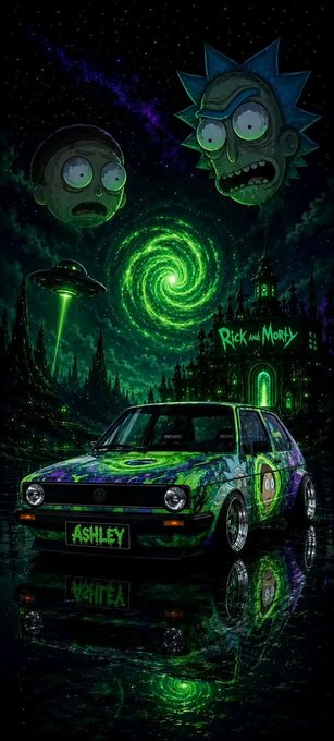 A Rick and Morty themed digital artwork featuring the two characters' heads floating above a customized Volkswagen Golf with a neon green portal, a UFO, and a gothic building in the background, with a license plate reading 'ASHLEY'.