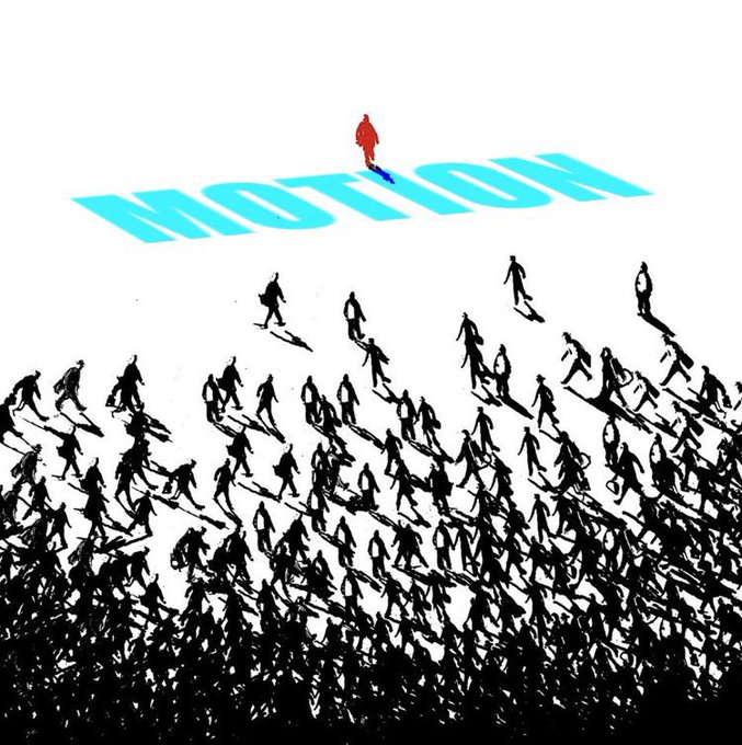 Conceptual illustration showing a single red figure walking toward the word 'MOTION' while a crowd of black silhouetted people walks away from it in the opposite direction.