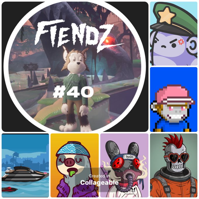 A promotional collage for 'F1ENDZ #40' featuring an animated goat-like character in a fantasy landscape, surrounded by NFT avatars and noted as 'Created in Collageable.'