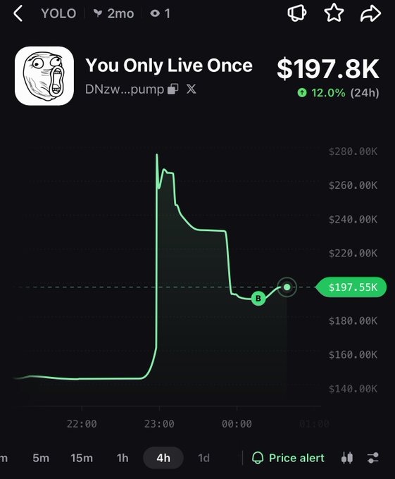 The image shows a 4-hour price chart for the memecoin "You Only Live Once" (YOLO) on pump.fun, which spiked sharply from around $140K to a peak of $280K before pulling back to its current price of $197.8K, up 12.0% in 24 hours. The chart illustrates the volatile pump-and-dump pattern typical of the memecoin being promoted in the post with hashtags #yolo #crypto #memecoin on Solana.