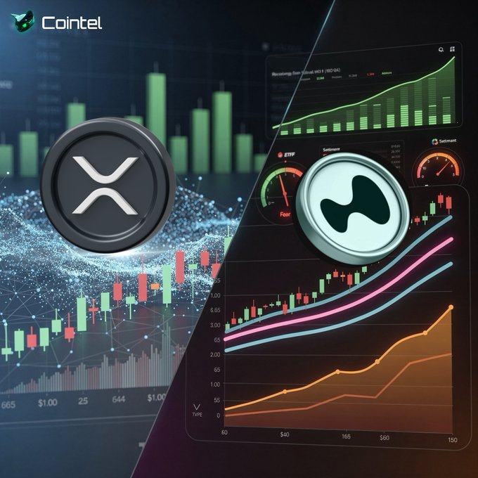 A cryptocurrency promotional graphic for Cointel featuring the XRP (Ripple) logo alongside trading charts, candlestick graphs, and an HTX coin icon against a dark blue background with green and red market data visualizations.