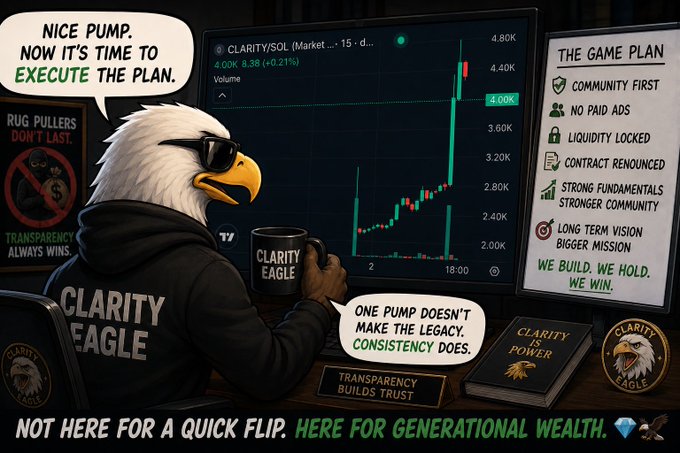 Crypto/meme graphic featuring an eagle mascot labeled 'Clarity Eagle' holding a mug, displaying a CLARITY/SOL price chart on $4.00K and a 'Game Plan' list emphasizing transparency, no paid ads, and long-term vision.