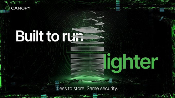 An advertisement for Canopy featuring the text 'Built to run lighter' and 'Less to store. Same security.' against a green digital-themed background.