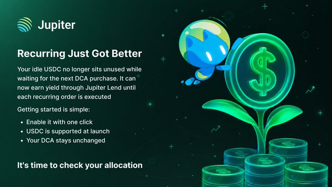 A promotional graphic for Jupiter with the headline 'Recurring Just Got Better,' explaining that idle USDC can earn yield through Jupiter Lend between DCA orders, accompanied by an illustration of a blue rocket and a green dollar coin plant.