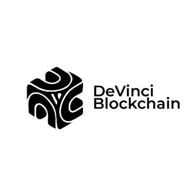 The image shows the DeVinci Blockchain logo, featuring a black stylized hexagonal emblem with an abstract "V" design next to the company name in black text, representing the organization that is hosting the XRP Ledger Hackathon Lending Protocol in Paris with $10,000 in prizes.