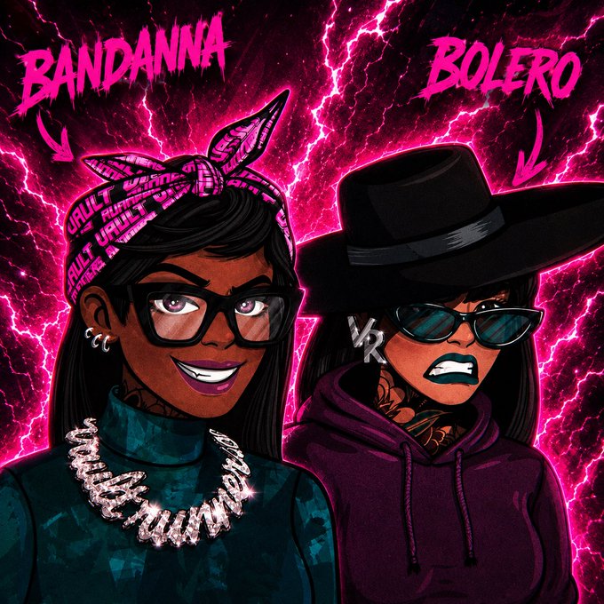 A stylized illustration of two female characters labeled 'BANDANNA' (wearing a pink bandana and glasses) and 'BOLERO' (wearing a black hat and sunglasses) against a background of pink lightning.