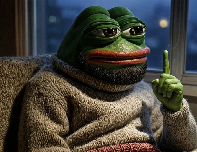 A digitally altered image of a sad-looking Pepe the Frog wearing a knit sweater, raising a finger near a window at night.