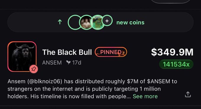 A screenshot showing a pinned post titled "The Black Bull" by ANSEM, displaying a market cap of $349.9M and a 141,534x gain, referencing the $ANSEM token. The image visually reinforces the post's claim of extraordinary returns, highlighting the dramatic multiplier to taunt followers who missed the call.