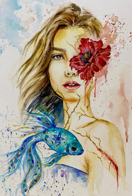 A watercolor and mixed-media painting of a blonde woman with a large red flower covering one eye, featuring gold cracks on her skin and a blue fish floating near her shoulder.